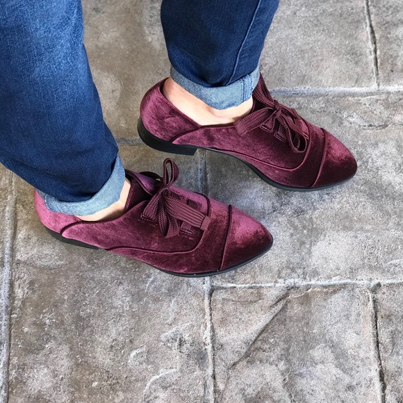 Red Wine Velvet Soft Thick Laces Boyfriend Loafers - Picture 4 of 8